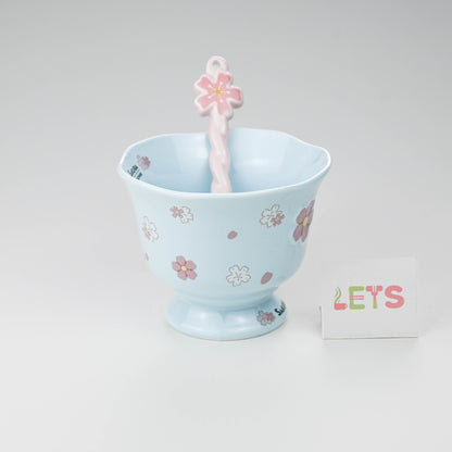 Ceramic Sakura Mug with Lid and Spoon, Pink Flower Cup - Blue & Pink