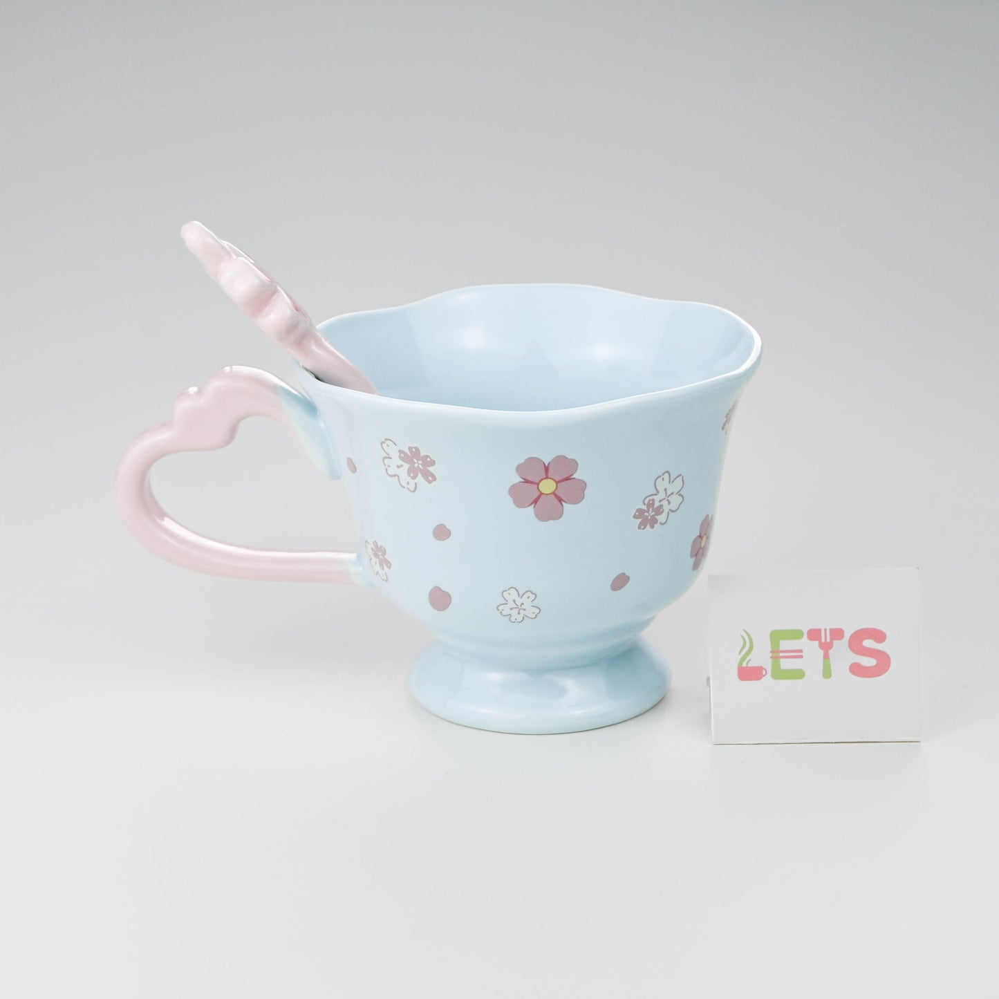 Ceramic Sakura Mug with Lid and Spoon, Pink Flower Cup - Blue & Pink