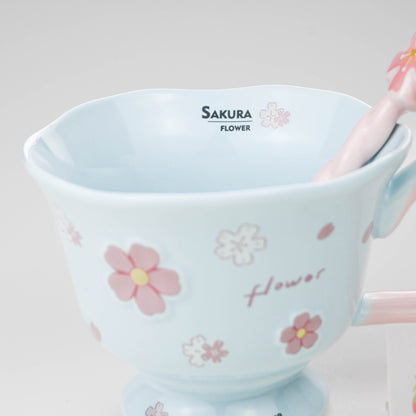 Ceramic Sakura Mug with Lid and Spoon, Pink Flower Cup - Blue & Pink