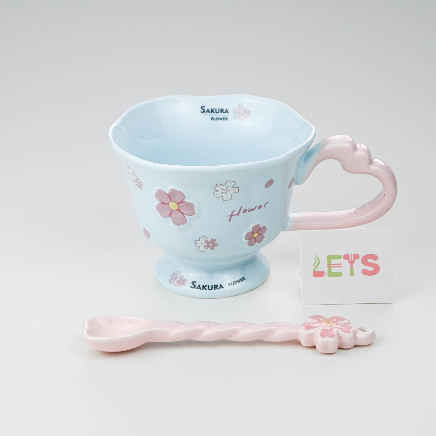 Ceramic Sakura Mug with Lid and Spoon, Pink Flower Cup - Blue & Pink