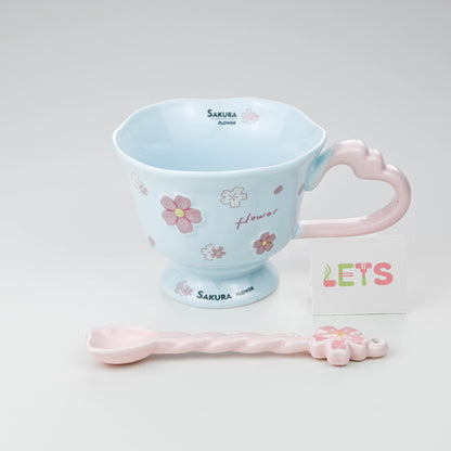 Ceramic Sakura Mug with Lid and Spoon, Pink Flower Cup - Blue & Pink