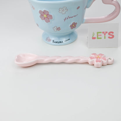 Ceramic Sakura Mug with Lid and Spoon, Pink Flower Cup - Blue & Pink