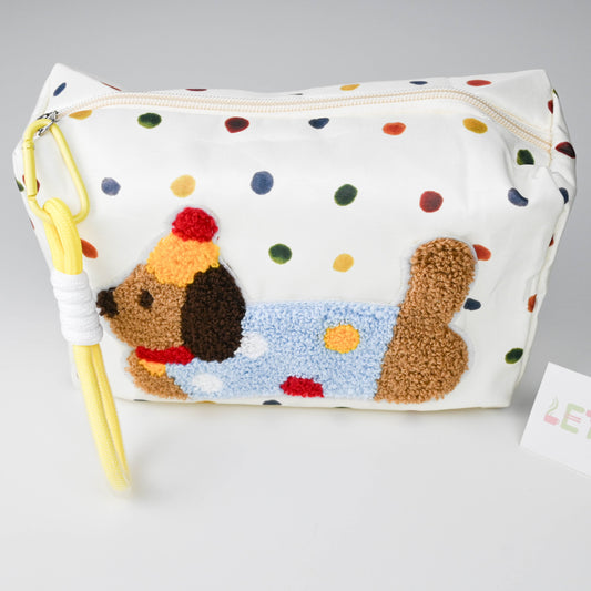 Cute Polka Dog Travel Cosmetic Bag, Portable Toiletry Makeup Pouch with Strap